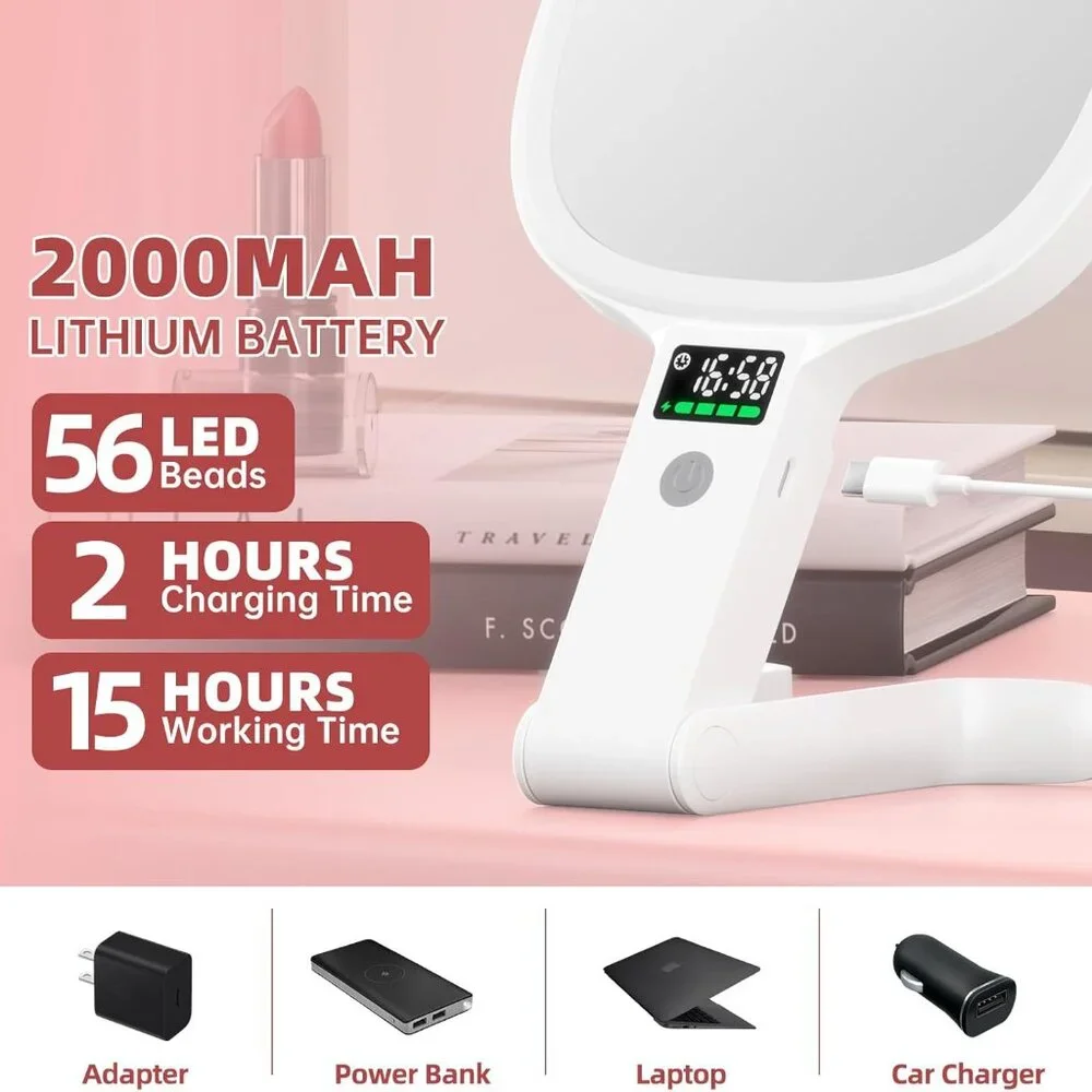 New in Box! Portable Makeup Mirror Double Sided with 3-Light Settings and Stand